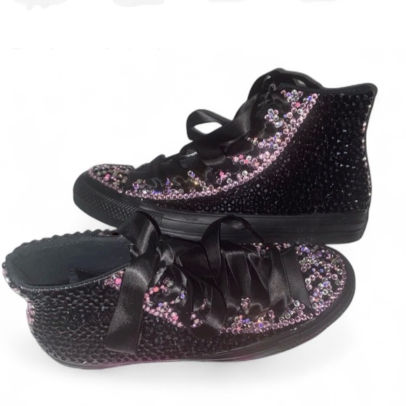 Jet Black & Pink Crystal High Top Converse Sizes 5-14 New In Box - Picture 3 of 13